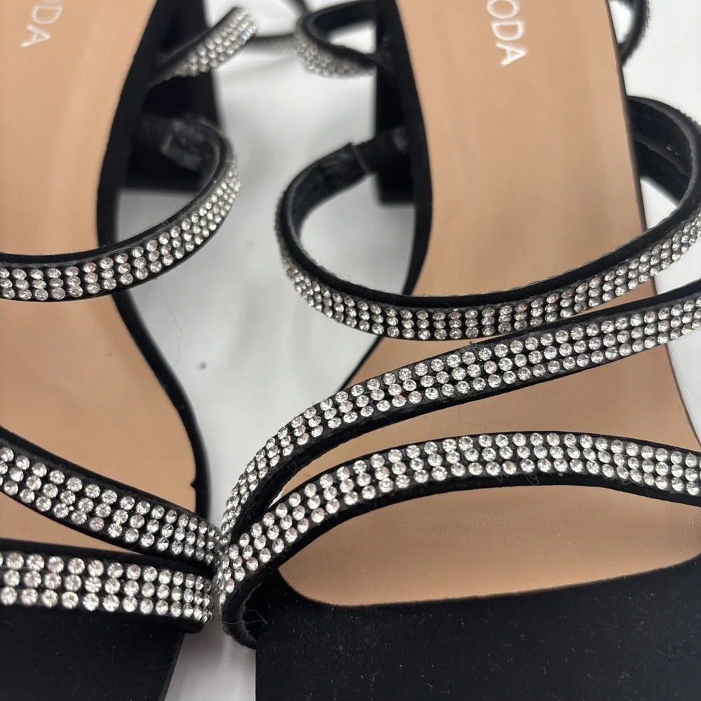 TOP MODA Women's Black/Silver Strappy Rhinestone Ankle Strap Buckle Heel  6.5
